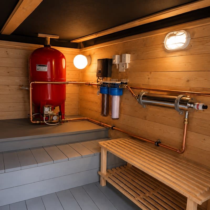 Vattenreningsanläggning med filter och tryckkärl för egen brunn